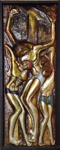 Christ aux Larrons – cuivre repoussé émaillé – (2,10 m x 0,85 m) - photo Yvan marcou Christ aux Larrons – cuivre repoussé émaillé – (2,10 m x 0,85 m) - photo Yvan marcou