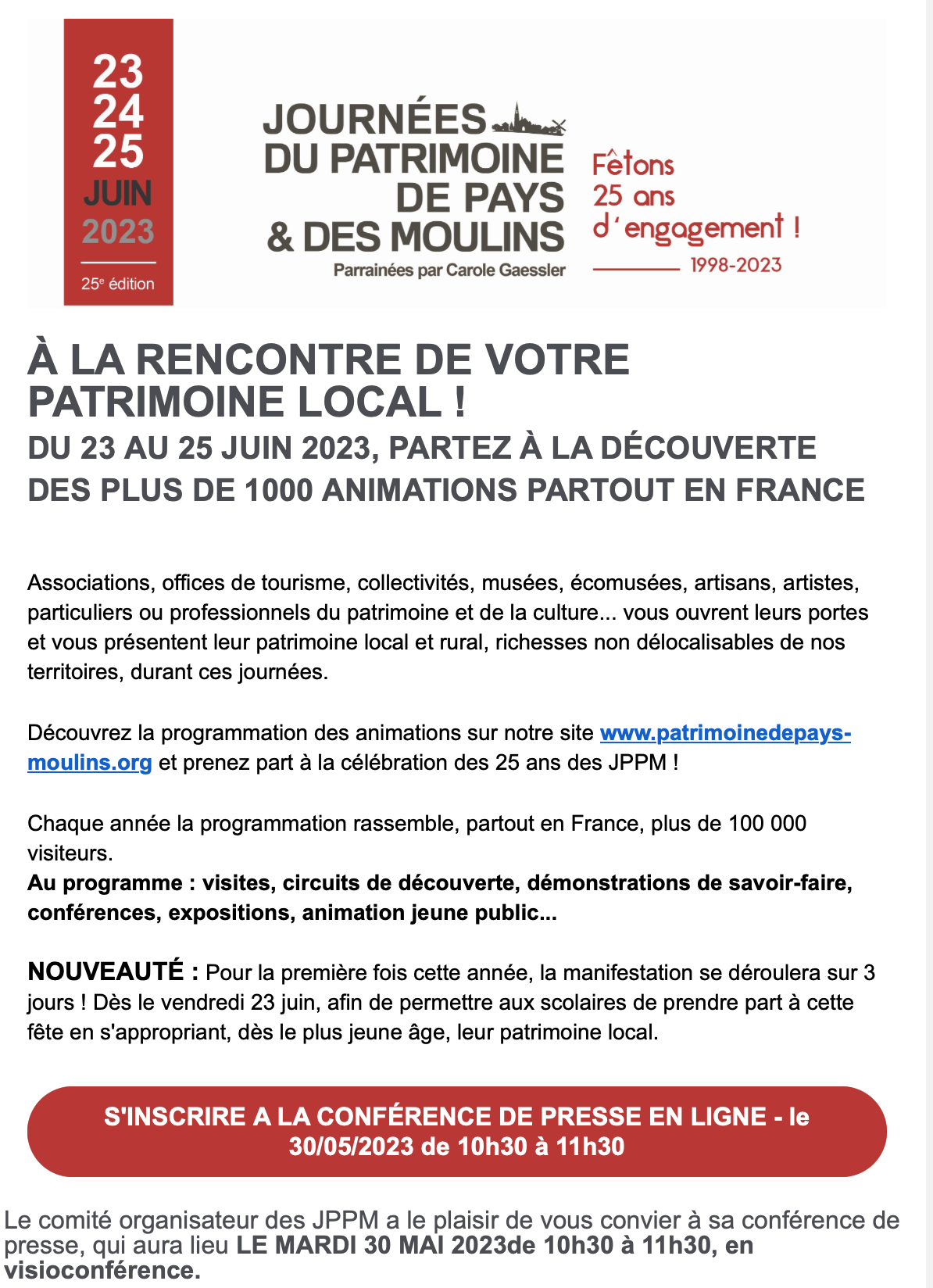 Journées du Patrimoine de Pays et des Moulins 2023