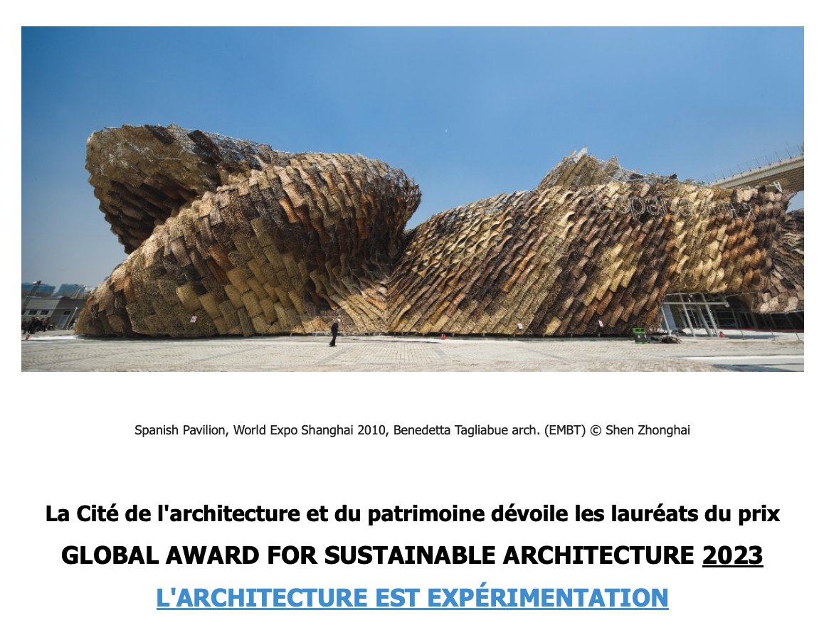 La Cité de l'architecture et du patrimoine annonce les lauréats du prix Global Award for Sustainable Architecture 2023